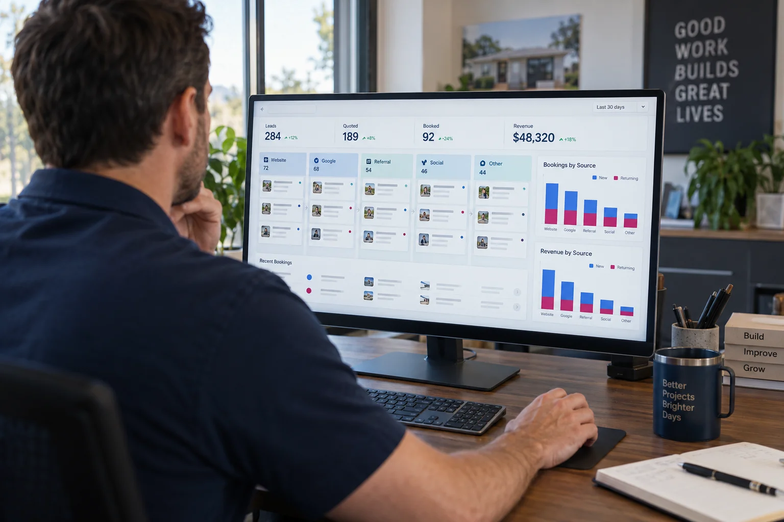 Illustrative contractor reviewing a populated marketing and booking dashboard
