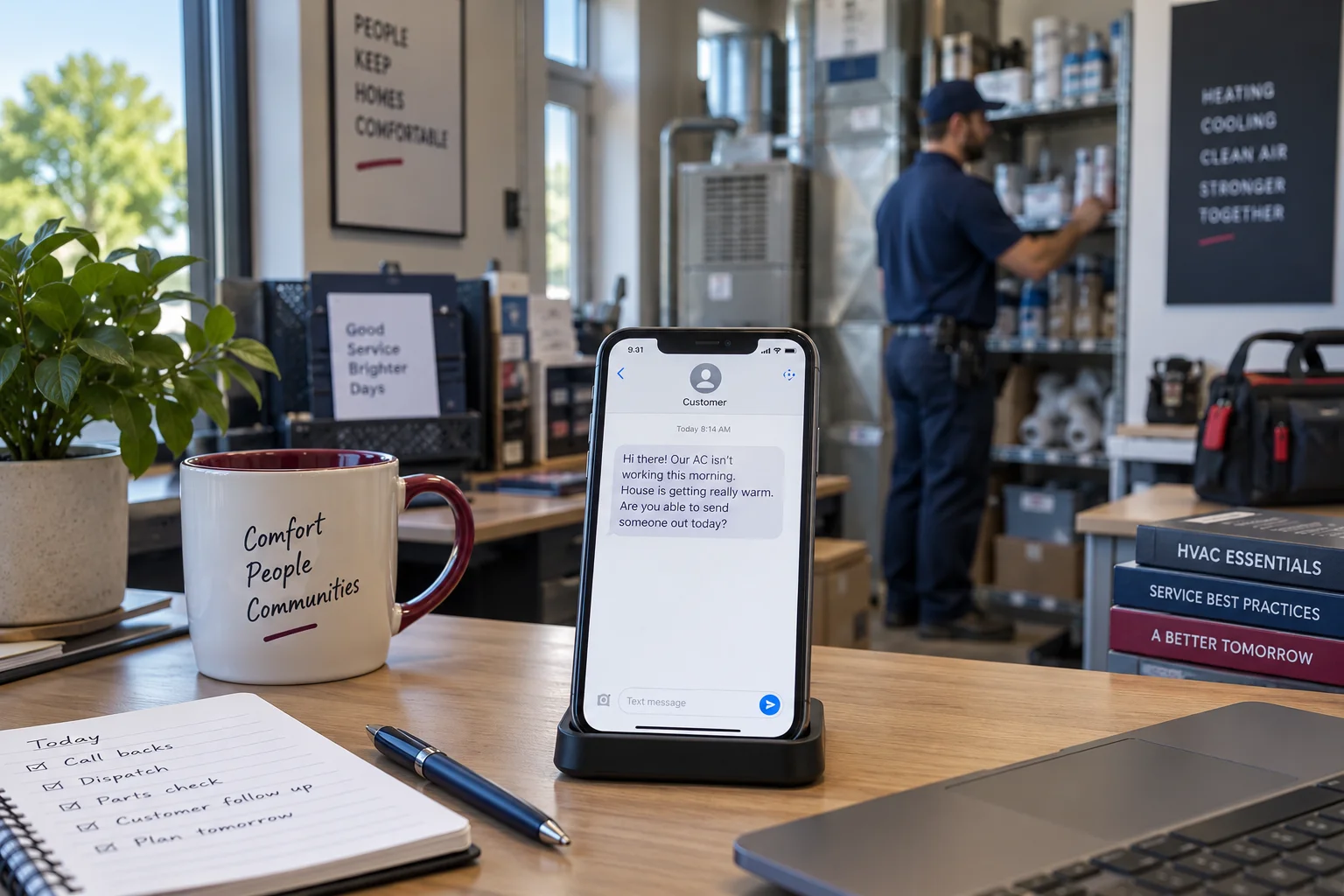 Illustrative HVAC dispatch desk with a customer message and a technician in the background