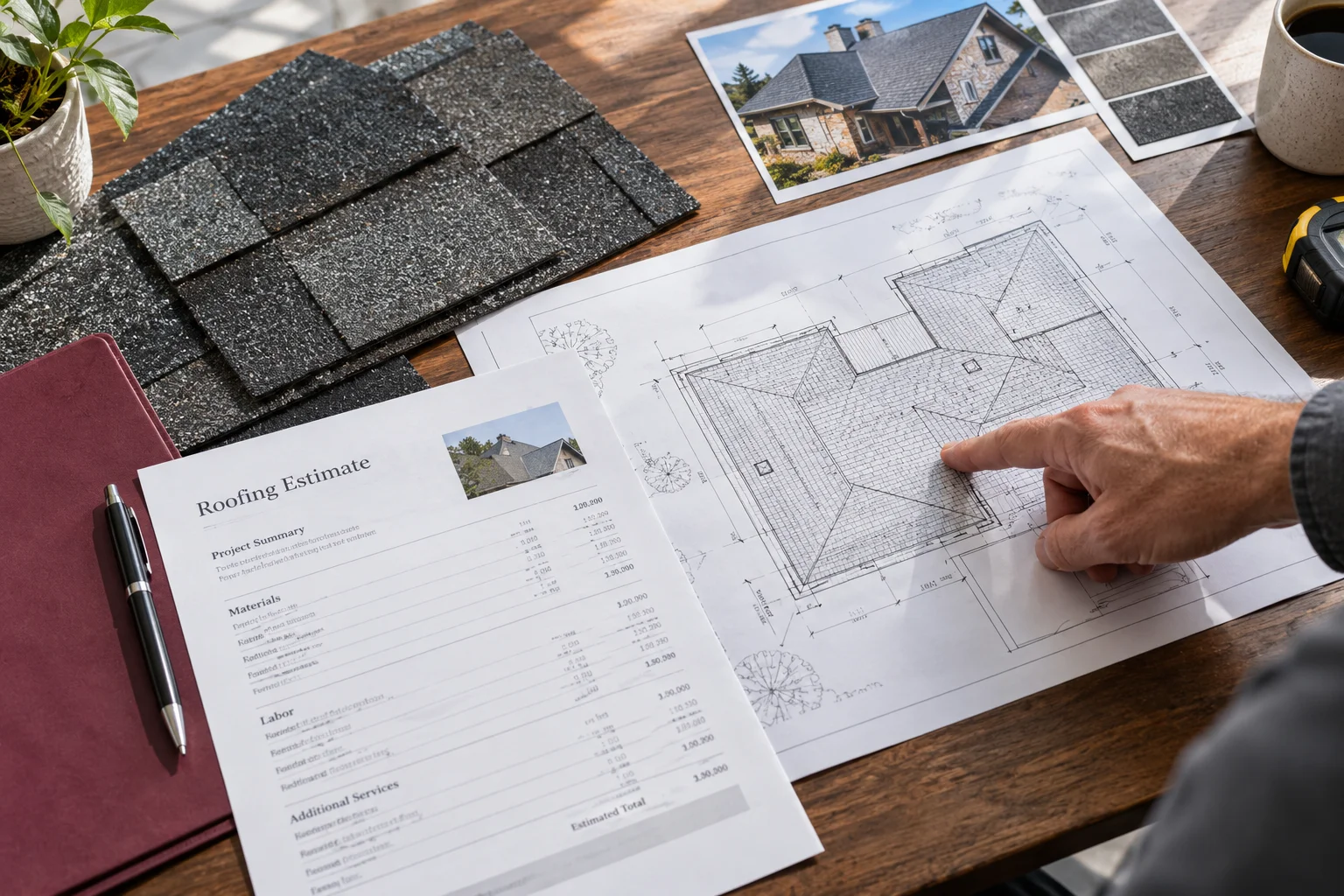 Illustrative roofing estimate review with roof plans and shingle material samples